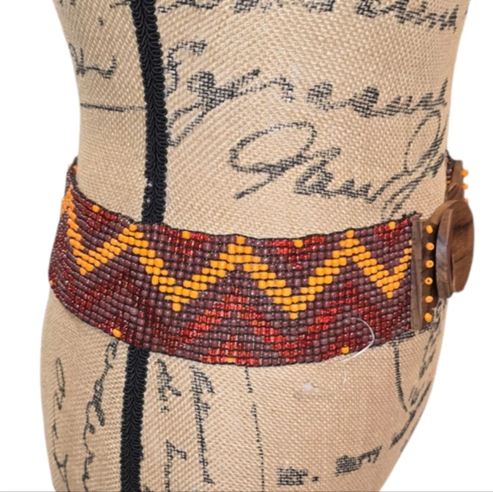 Handcrafted Beaded Belt with Wooden Buckle Tribal‎ Chevron Small Medium New